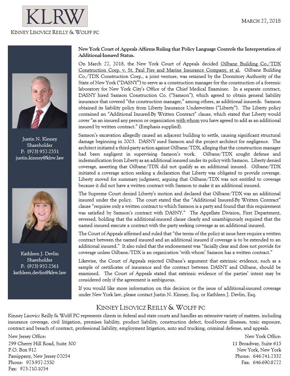 New York Court of Appeals Affirms Ruling that Policy Language Controls the Interpretation of Additional-Insured Status